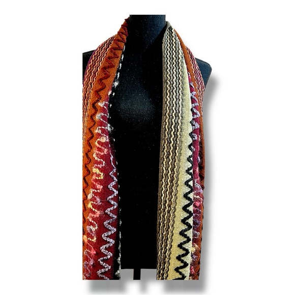 Multi color sequin boho scarf or wrap in berry rust cream brown and black - Picture 12 of 13
